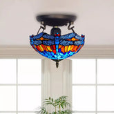 Blue & Orange Tiffany Dragonfly Style Ceiling Lamp 16 Inch Stained Glass Shade
